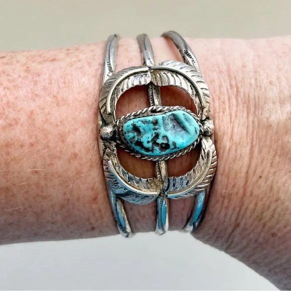 Vintage Jefferson Lee Navajo Turquoise Sterling Silver Cuff Bracelet - Picture 6 of 14